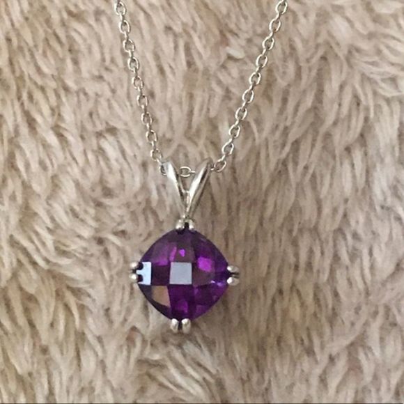 Faceted Purple Amethyst Cushion Cut Pendant and Sterling Silver 18 inch Necklace - Picture 1 of 9